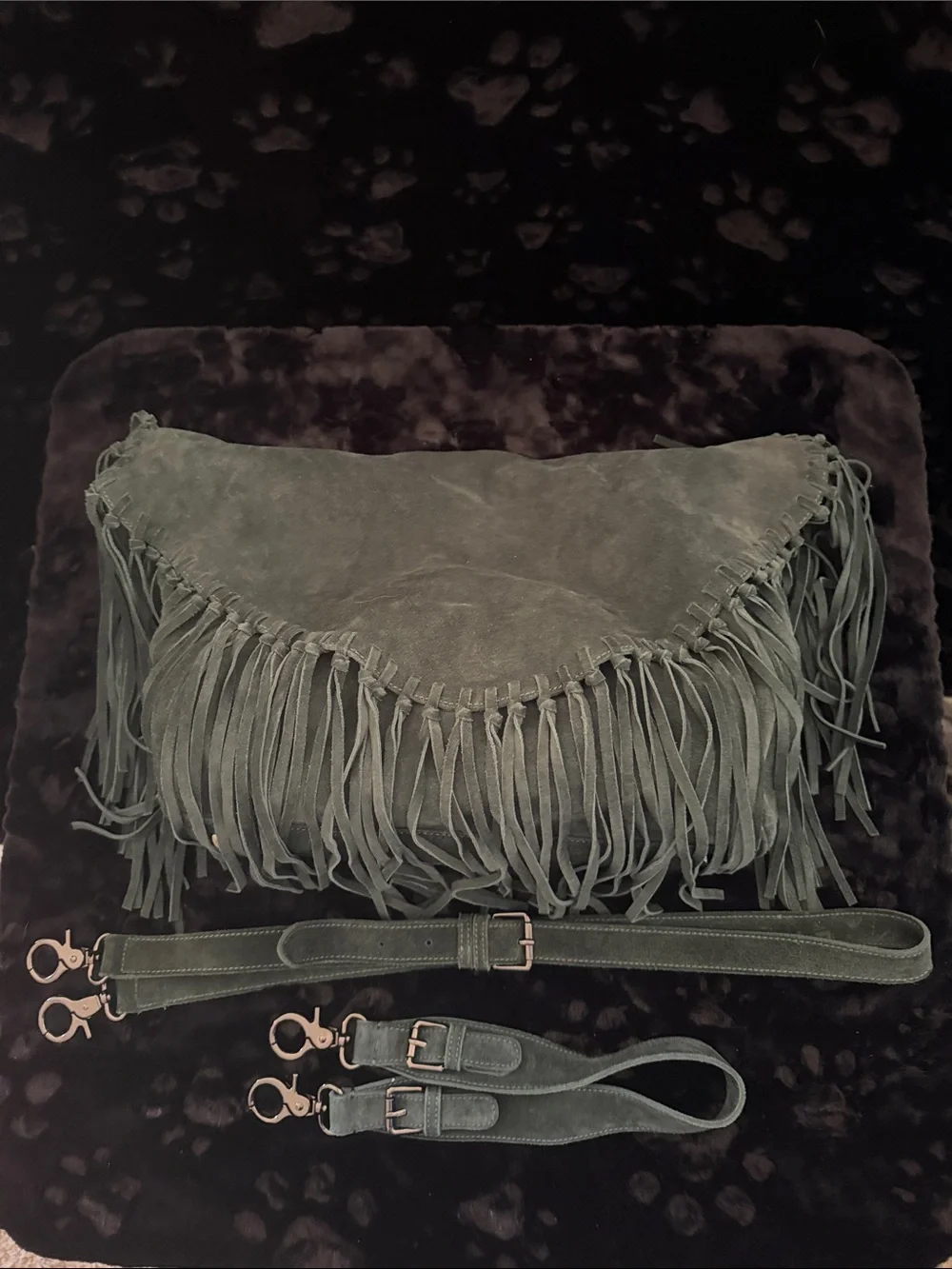 Sorial Dark Olive Suede Fringe Crossbody/shoulder handbag with two Straps